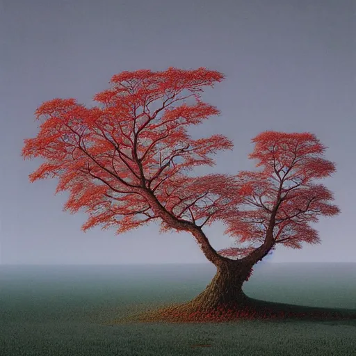 Image similar to white tree with red leaves made by zdzisław beksinski