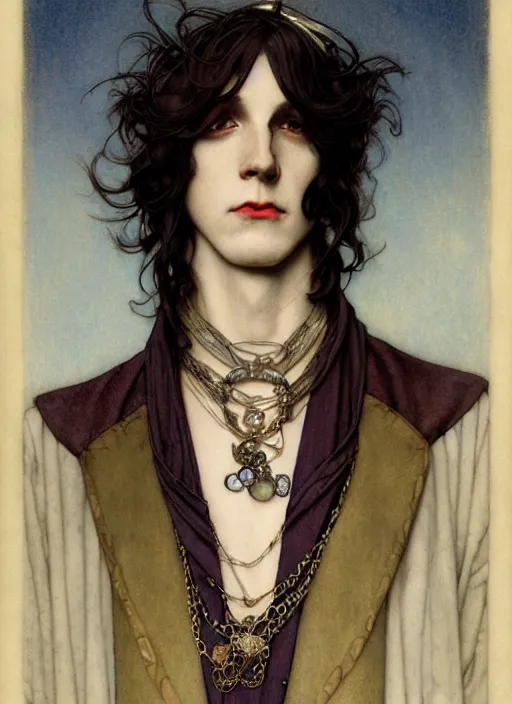 Image similar to edmund dulac, leyendecker, highly detailed portrait, a beautiful androgynous sebastian michaelis, long hair, tall and thin, wearing several pendants, art nouveau, stephen bliss, unreal engine, by greg rutkowski, loish, ferdinand knab, ilya kuvshinov, rossdraws, tom bagshaw, alphonse mucha, global illumination, radiant light