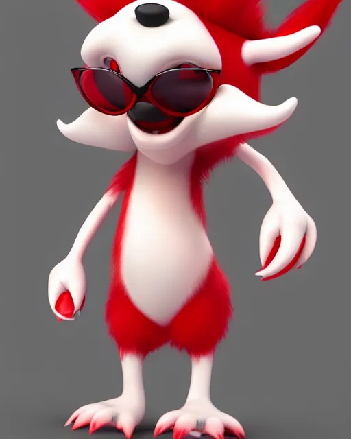 Image similar to 3 d render of completely red hairy friendly antropomorphic cartoony creature wearing white ray - ban shades, full body, simple, smiling, no nose, cute, white background, unreal engine 5 hdr