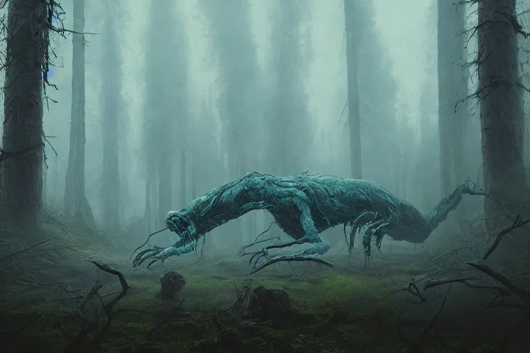 Image similar to creepy eldritch monster in a swedish forest, very low angle photograph, very detailed, trending on artstation, realistic, soft colors, simon stalenhag, lovecraft, horror