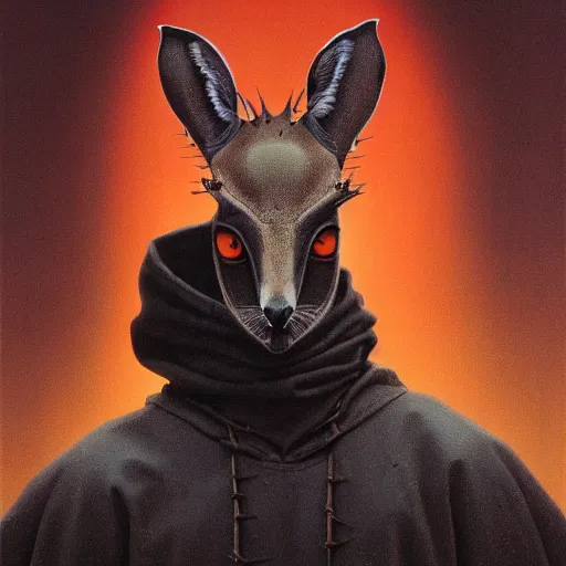 Image similar to portrait of a dik dik with red glowing eyes in hood and crown of thorns, dark fantasy, Warhammer, artstation painted by Zdislav Beksinski and Wayne Barlowe