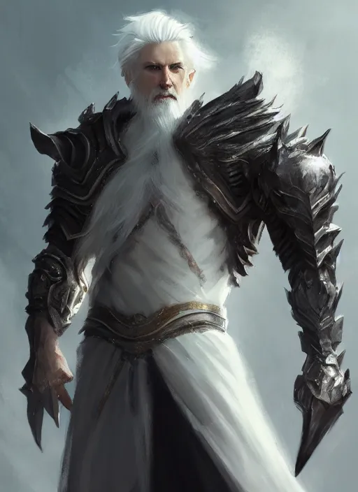 Image similar to Half-body portrait of a tall white haired man who is wielding lightning, wolf god. In style of Hyung-tae Kim and Greg Rutkowski, concept art, trending on ArtStation, Korean MMORPG, over-detailed art, 8K, epic, dynamic lightning, dramatic pose.