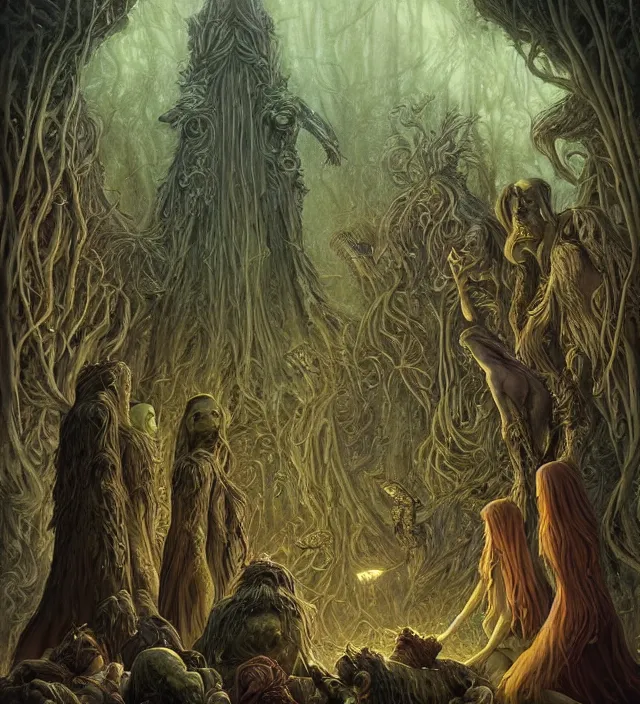 Prompt: a coven of keltic druids commune with giant anthropomorphic crocodile spirit god by an old obelisk. surrealist fantasy digital painting trending on deviantart. cinematic atmospheric lighting, epic, painted by rebecca guay, intricate ultrafine details by dave dorman, vibrant colors by anato finnstark. well composed, wow, masterpiece. reasonably decent art