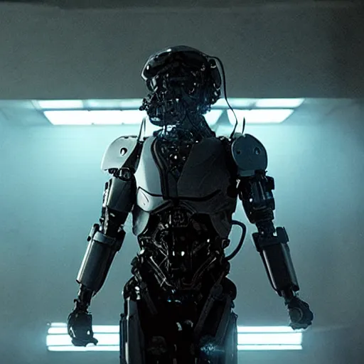 Prompt: movie still of a cool cyborg, cinematic composition, cinematic light, by edgar wright and ari aster