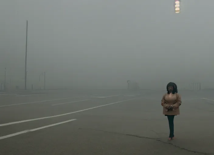 Image similar to cinematic screenshot high wide angle shot of octavia spencer standing outside in a foggy desolate eerie department store empty parking lot, one car, paranoia everywhere, scene from the tense psychological thriller film directed by spike jonze, volumetric hazy lighting, anamorphic lens, moody cinematography, 3 5 mm kodak color ektochrome