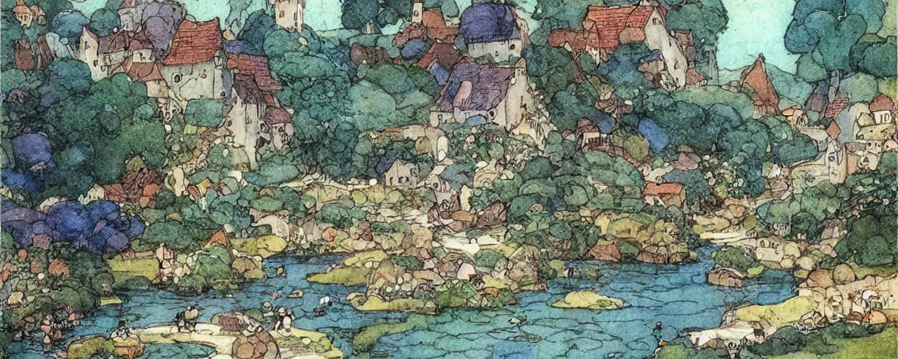 Image similar to a river running through a medieval village, summer, beautiful colors, by warwick goble, kay nielsen, award winning, highly detailed