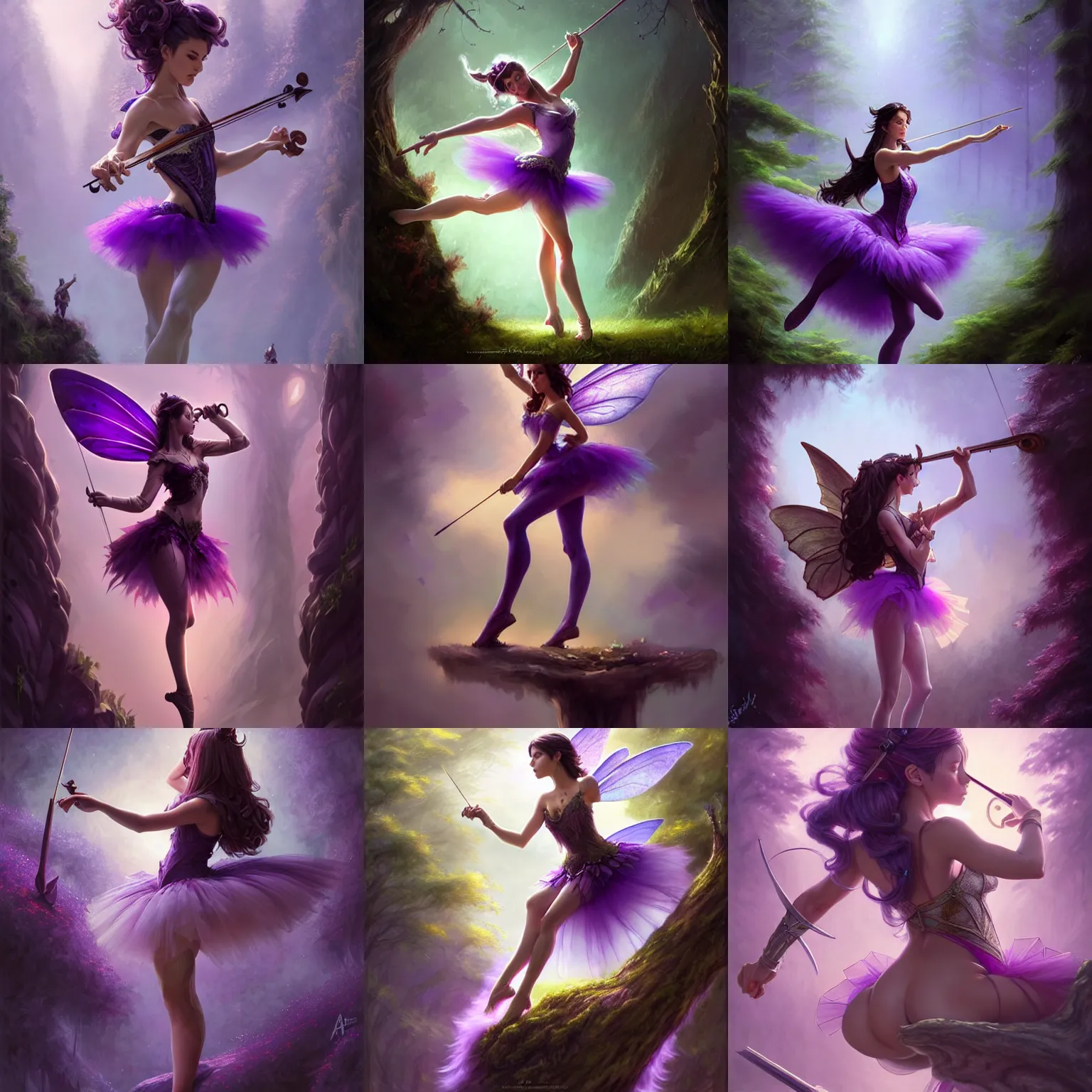 Prompt: fantasy, standing on top of a violin, d & d, wearing purple romantic tutu, art by artgerm and greg rutkowski and magali villeneuve, illustration, brunette fairy woman stretching, highly detailed, trending on artstation, sharp focus, concept art, digital painting, intricate details, forest artifacts