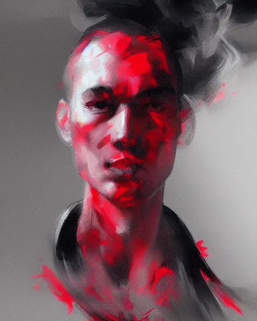 Prompt: black red ink smoke portrait, by WLOP and tony sart, artstation