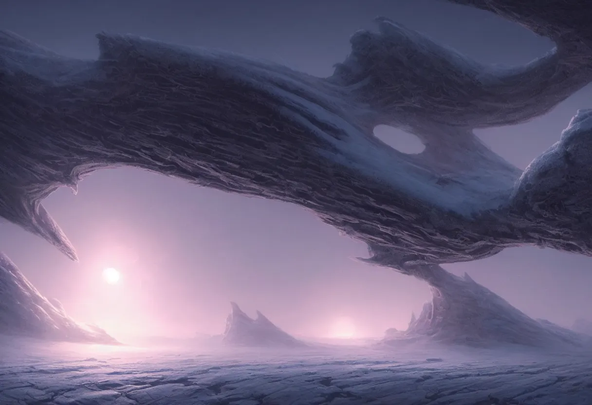 Prompt: surface of frozen winter alien planet at sunset, ultra high definition, ultra detailed, symmetry, fog, matte painting, by greg rutkowski and ross tran and wlop