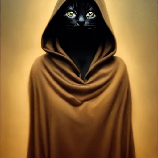 Image similar to a portrait of a kitten wearing a black hood, cloak covering face, anatomically correct, beautiful perfect face, enigmatic, oil painting, matte, black background, Volumetric dynamic lighting, Highly Detailed, Cinematic Lighting, Unreal Engine, 8k, HD, by Beksinski