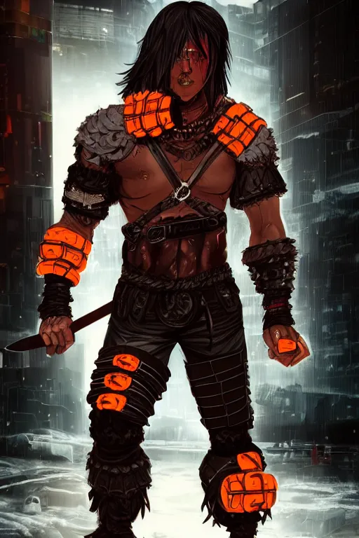 Prompt: Full body Picture of a Male barbarian, cyberpunk, black leahter gloves, red leather short coat, marked muscles, dark brown skin, detailed face, light grey hair, orange eyes, combat stance, black denim pants, intrincate clothing, hi-tech hatchet, metallic shield, urban fantasy, tech city in the background, D&D, by artgerm and Craig Mullins, James Jean, Andrey Ryabovichev, Mark Simonetti and Peter Morbacher, matte painting, trending on artstation, artstationHD, artstationHQ, octane, full HD, 16K