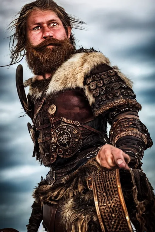 Image similar to old vintage full body photo of ancient viking warrior with full beard on the complex complex steam punk jet ski with antigravity engine during big viking event, extreme sports photography ,super high speed photography, dynamic photography,symmetrical face, clean face, muscular body, high speed,dirt and grawel in air, lens flares, dust partiles in the air, dramatic lighting, intricate, highly detailed, centered, smooth, sharp focus, sports photography, old photo, black and white, sepia, cinematic lighting, cinematic angle, national geographic