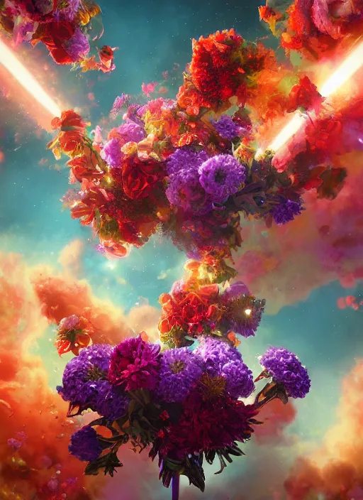 Prompt: An epic fantastic realism comic book style painting of the most beautiful flowers launched into space, bouquets, glorious galactic collision, sharp focus, fisheye, unreal 5, DAZ, hyperrealistic, octane render, dynamic lighting
