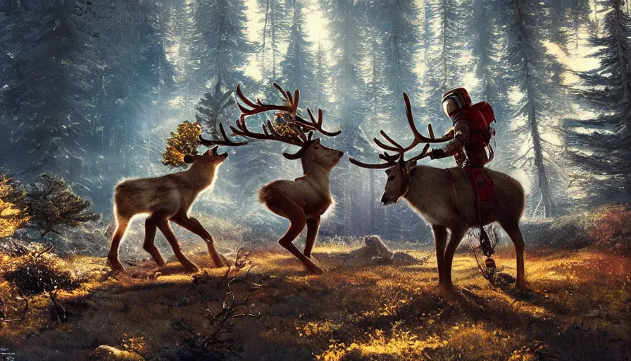 Prompt: american astronaut in the forest riding a reindeer, objects well lit, plants environment, wide angle, cinematic lighting, atmospheric, realistic, octane render, highly detailed, color graded, in the style of craig mullins