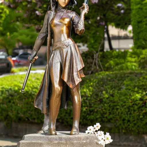 Image similar to bronze statue of a cyberpunk anime woman with an umbrella and a samurai sword kneeling next to a cherry blossom tree