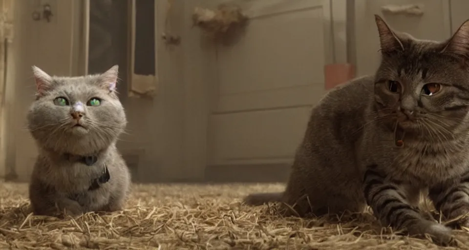 Image similar to film still of a movie about a robot cat that terrorizes a farm house directed by Denis Villeneuve