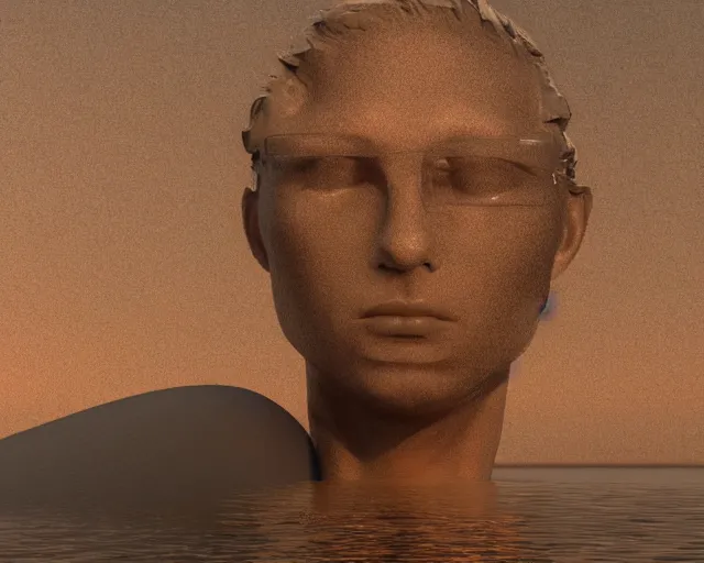 Image similar to a long shot of a giant human head award winning sculpture on the surface of the ocean, in the style of chad knight, hyper detailed, hyper realistic, ray tracing, 8 k resolution, sharp focus