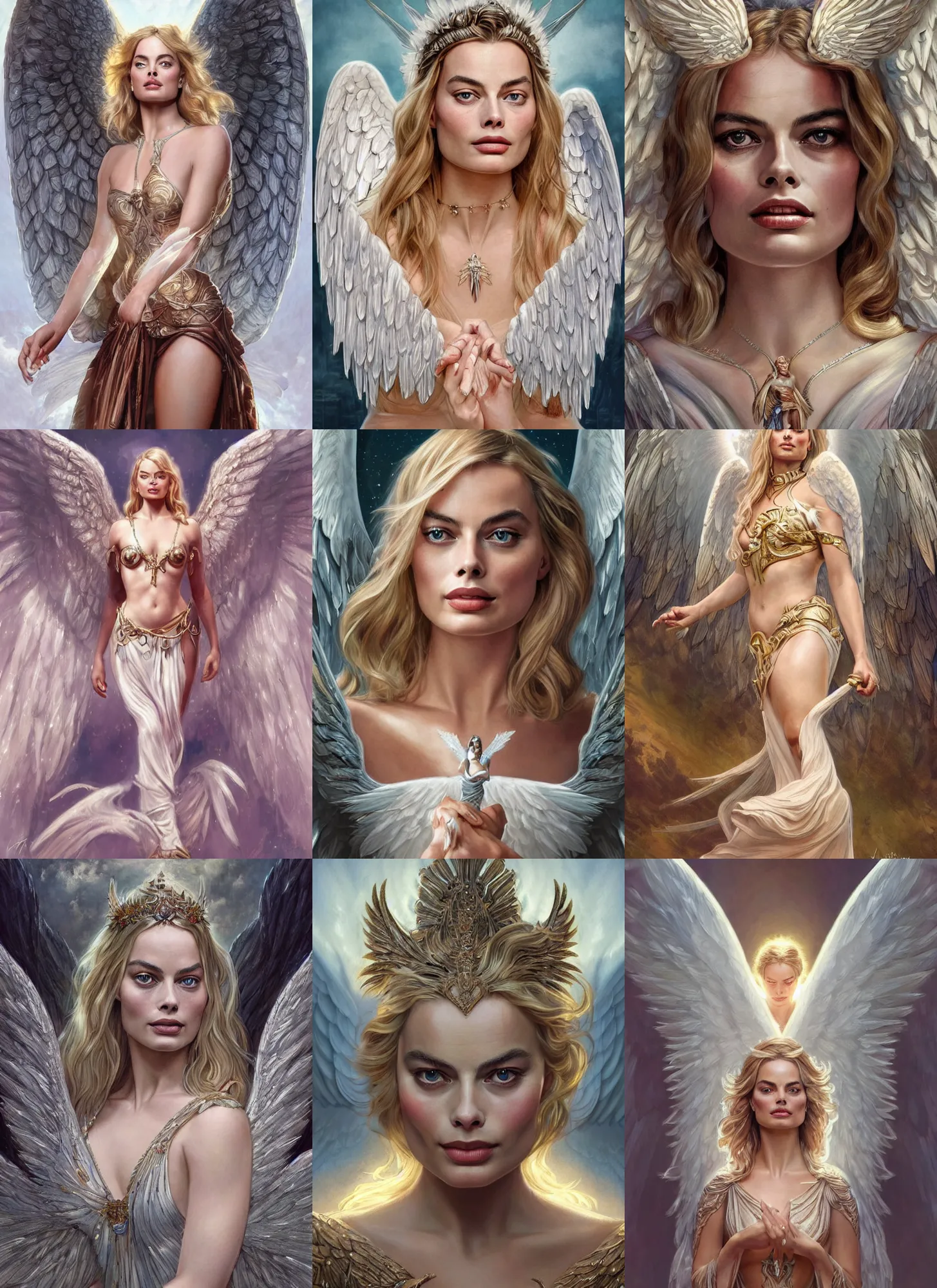 Prompt: Margot Robbie as an Angel Goddess, Angel wings, cute, fantasy, intricate, elegant, highly detailed, digital painting, 4k, HDR, concept art, detailed jewelry, smooth, sharp focus, head and waist potrait, art by Artgerm and H R Giger and Greg Rutkowski and Alphonse Mucha