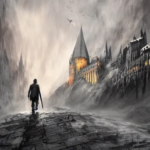 Image similar to daniel radcliffe as harry potter walking, craig mullins epic oil on canvas painting of a lord of the rings atmospheric landscape, mordor, line art!!, ink, art concept for a book cover!!, harmonic colours, thik brushstrokes, movie still, game of thrones concept art, highly detailed, centered, hyperrealism