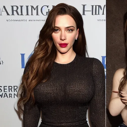 Image similar to a woman who is a genetic combination of kim kardashian and kat dennings and scarlett johansson and margot robbie and emma watson, face and upper - body focus