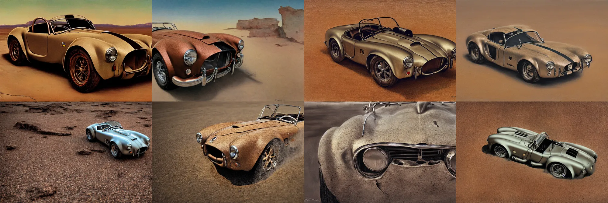 Prompt: closeup of rusty shelby cobra, full car, weathered, panorama, desert, cracked dry lake bed, by Zdzislaw Beksinski, Norman Rockwell, al duke, Valter de Morais, highly detailed, soft lighting, film grain, 8k resolution, hd, oil on canvas