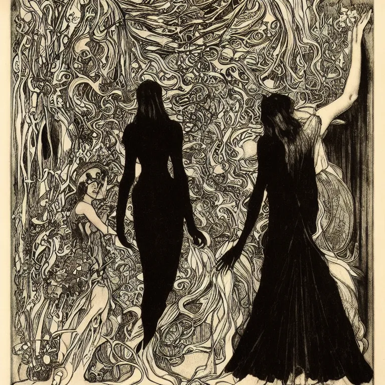 Prompt: A woman stands in a black room with a black dress with a cut-out on the back, Anton Pieck,Jean Delville, Amano,Yves Tanguy, Alphonse Mucha, Ernst Haeckel, Edward Robert Hughes,Stanisław Szukalski and Roger Dean