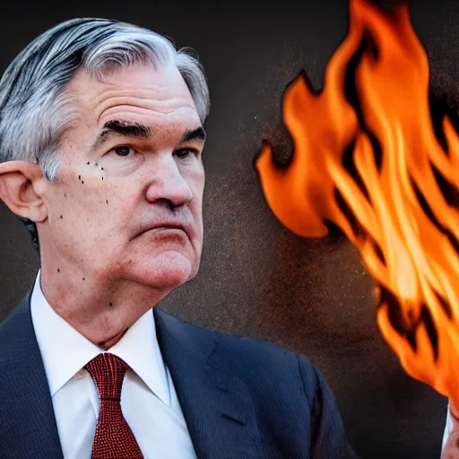 Prompt: photo of Jerome Powell with whiteface clown makeup using a flamethrower projecting a long flame
