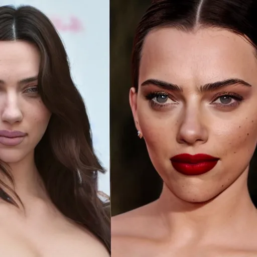 Image similar to a woman who is a genetic combination of kim kardashian and kat dennings and scarlett johansson and margot robbie and emma watson, face and upper - body focus