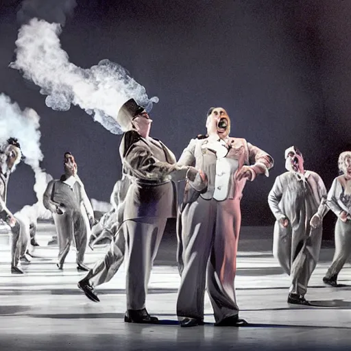 Image similar to award winning Production photo of the Hindenburg disaster the musical on broadway, dancing, singing, costumes by Julie Taymor, set design by Julie Taymor