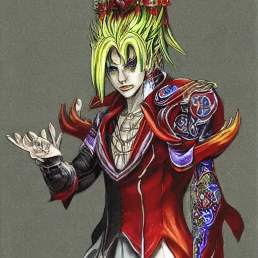 Image similar to kefka palazzo using a smartphone!!!!!!!!!!! by yoshitaka amano, concept art