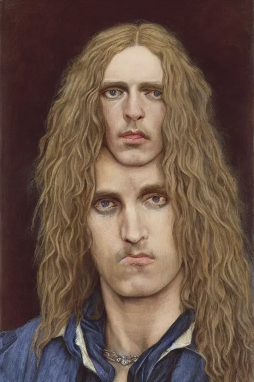 Prompt: Pre-Raphaelite portrait of eddie from Iron Maiden with blond hair and grey eyes