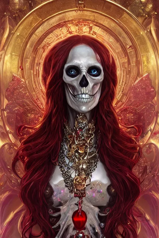 Prompt: woman lich skeleton made of iridescent aether and shiny gems covered with blood, long red hair, golden necklace, ultra realistic, concept art, intricate details, highly detailed, photorealistic, octane render, 8 k, unreal engine. dnd art by artgerm and greg rutkowski and alphonse mucha