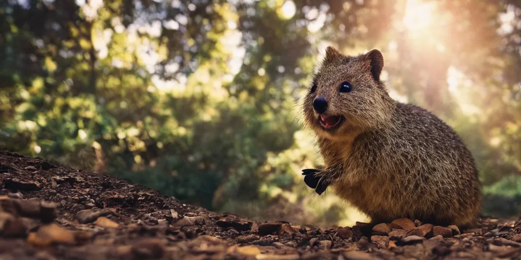 Image similar to Portrait of a happy quokka, splash art, movie still, cinematic lighting, dramatic, octane render, long lens, shallow depth of field, bokeh, anamorphic lens flare, 8k, hyper detailed, 35mm film grain