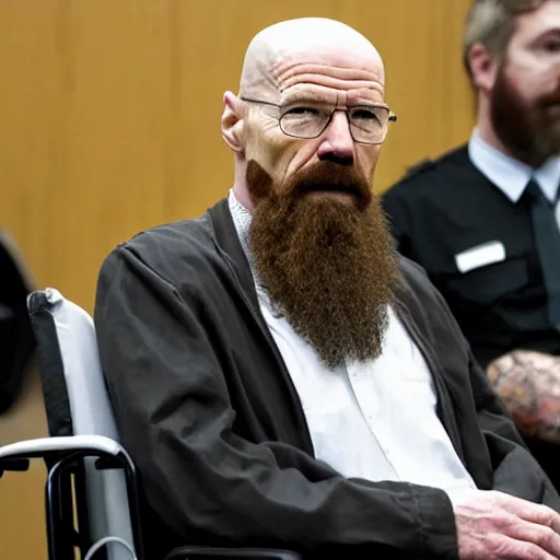 Image similar to walter white with a rough beard, wearing an oxygen mask, sitting in a wheelchair in a courtroom on trial.