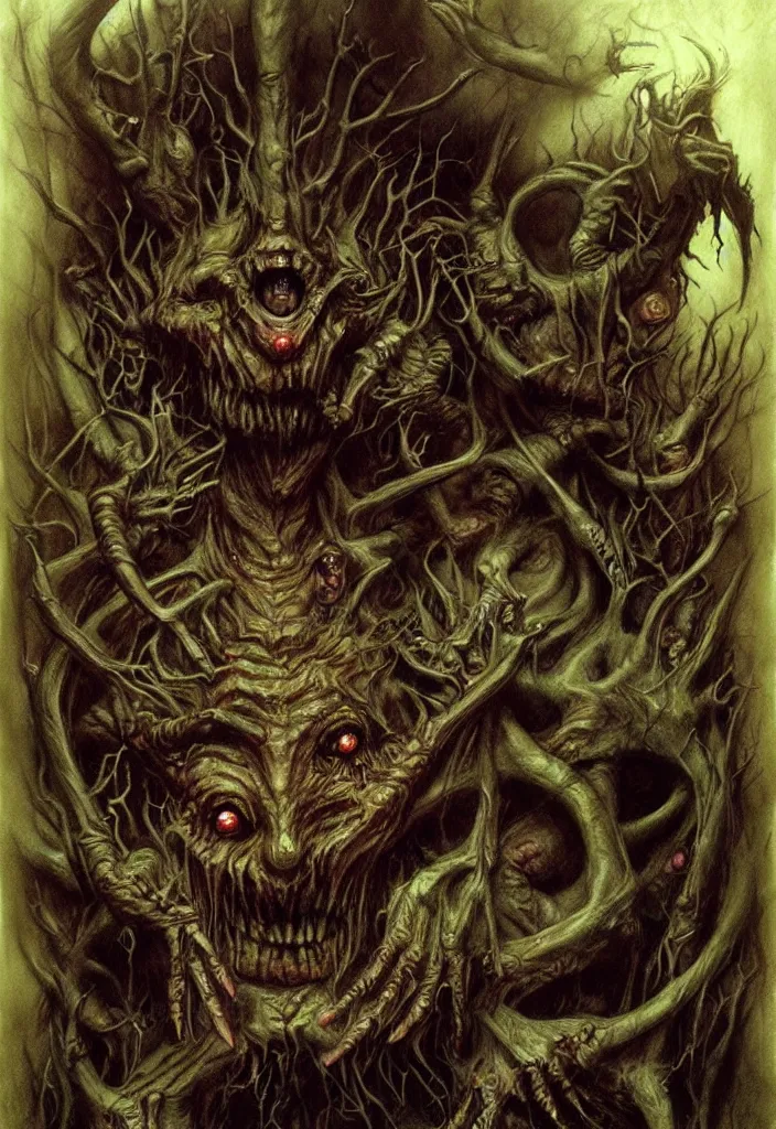 Prompt: an eerie uncanny hell with strange eerie magical scary creatures, horror, concept art, detailed, award - winning, by guillermo del toro, by brian froud