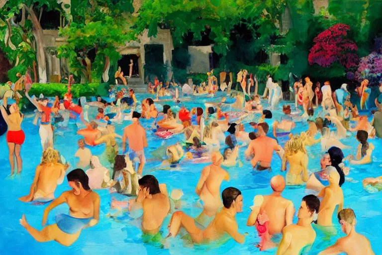 Image similar to “colourful painting of pool party at playboy mansion, by paul wonner, by Eric fischl”