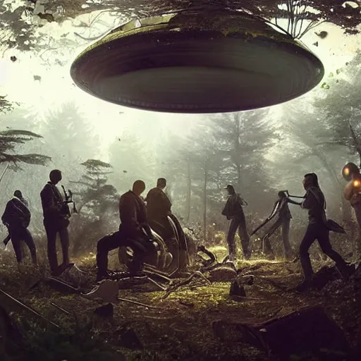 Image similar to a [ team of scientists, police officers, and news reporters ] surround a crashed ufo in the [ middle of a forest ]!!, [ digital art ]!!, trending on cgsociety, 4 k quality, illustrated by greg rutkowski, mary anning, peder balke, balthus, and gaston bussiere