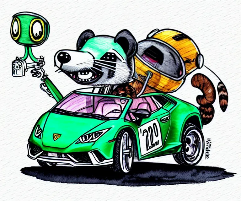 Image similar to cute and funny, racoon wearing a helmet riding in a tiny 2 0 2 0 lamborghini huracan sto, ratfink style by ed roth, centered award winning watercolor pen illustration, isometric illustration by chihiro iwasaki, edited by range murata