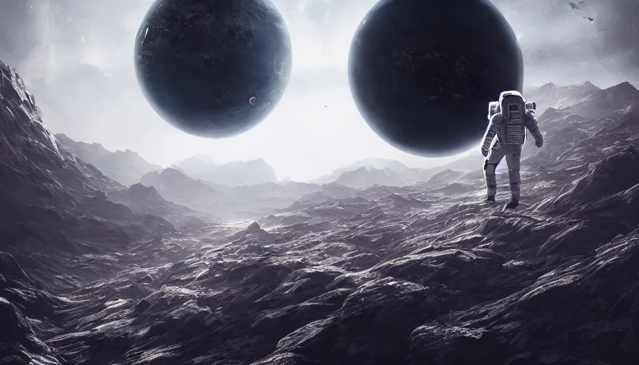 Prompt: A dark astronaut with a dark cape walking on a extremely mountainous alien planet with a big planet with rings in the sky, concept art, trending on DeviantArt, digital art, highly detailed, high quality, 4k, beautiful landscape, calm