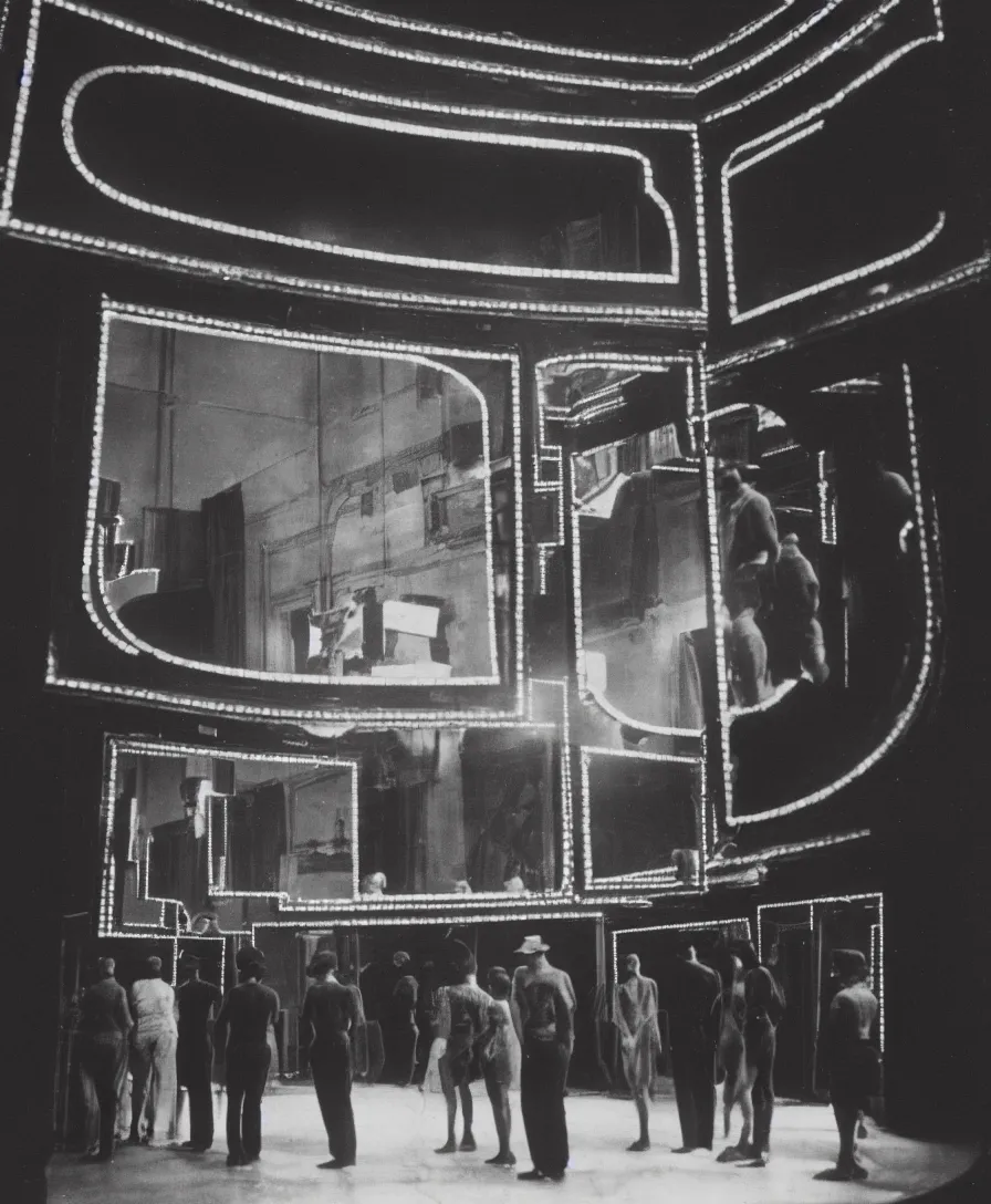 Image similar to vintage photo of an old theater, silhoutte observers watching themselves through a giant mirror reflection on stage, 4k, highly detailed, black and white photography, frontal perspective