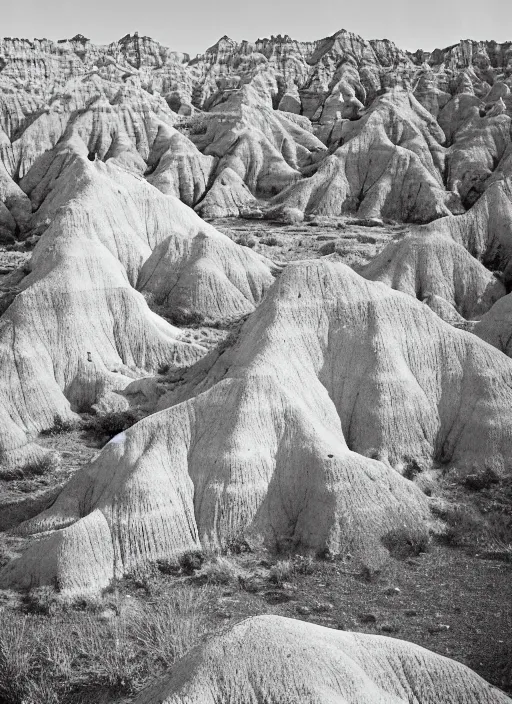 Prompt: Badlands rock formations protruding out of lush desert vegetation, albumen silver print by Timothy H. O'Sullivan.