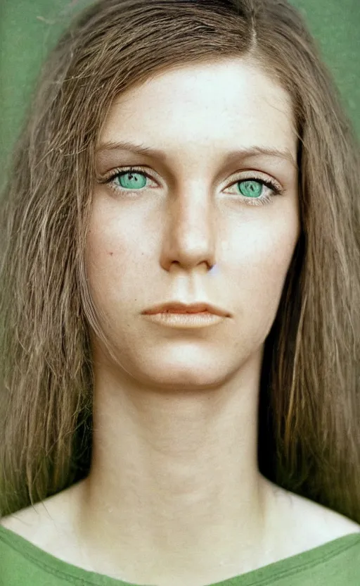 Image similar to tattooed white girl, brown hair, green eyes, dutch, wide set eyes, oval face, round cheeks, wearing green shirt, symmetrical, 3 0 years old, pretty, high cheekbones, leica s, 5 0 mm lens, kodachrome, 1 9 6 9, shot by platon