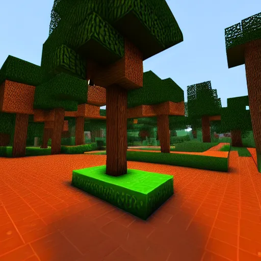 Image similar to next generation minecraft, pretty foliage, orange sunset, hearthstone, runterra