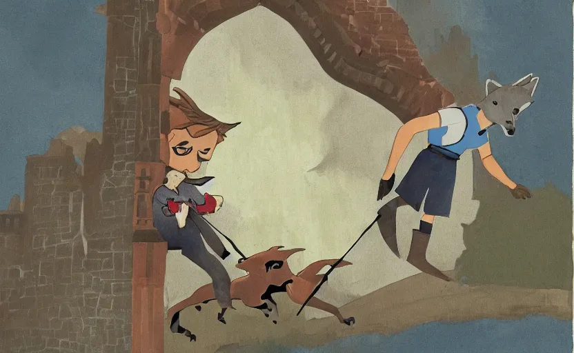 Image similar to a boy fighting a wolf on the edge of a clocktower, storybook, muted colors, gouache, flat, sharp edges, print