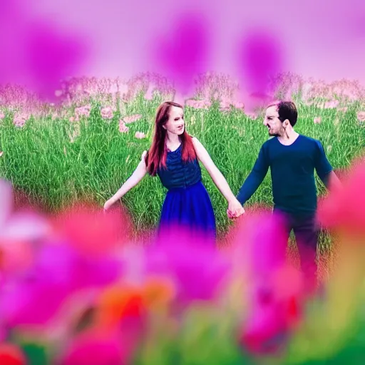 Image similar to a couple holding hands in a field of flowers, symmetrical face, beautiful, vfx, photo realistic, 8 k, aesthetic