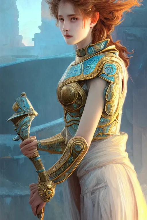 Image similar to portrait young knights of Zodiac girl, rose golden and ice blue reflected armor, in ruined Agora of Athens Sunrise, ssci-fi and fantasy, intricate and very very beautiful and elegant, highly detailed, digital painting, artstation, concept art, smooth and sharp focus, illustration, art by tian zi and WLOP and alphonse mucha