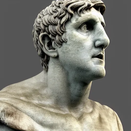 Prompt: peter beardsley as marble statue of ancient roman emperor, created by michelangelo, museum photoshot, 3 d photorealistic render, high resolution, 8 k