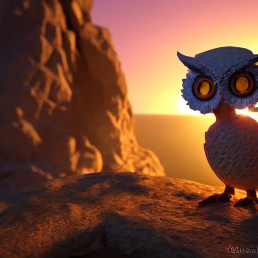 Prompt: a doll of an owl in a cave with a sunset, professional photo, professional lighting, HDR, trending on artstation