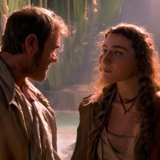 Image similar to a beautiful photo from the film indiana jones and the fate of atlantis, with indiana talking to sophia hapgood, dslr hyper focused