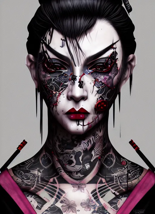 Image similar to geisha yakuza gothic cyborg cyberpunk gutter punk, urban decay, decay, underworld, dark art, highly detailed, digital painting, octane render, artstation, concept art, smooth, sharp focus, illustration, art by artgerm, loish, wlop